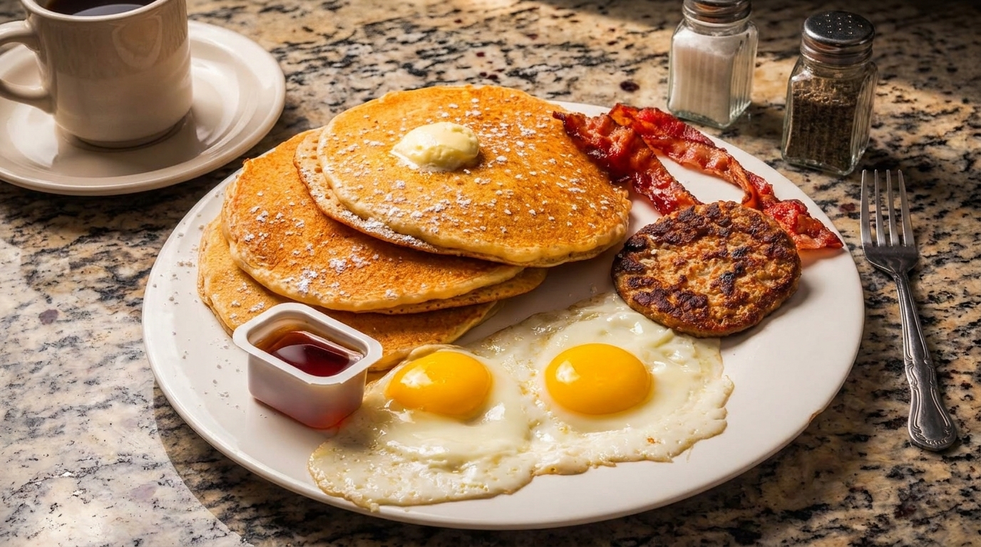 A breakfast plate with pancakes, bacon, sausage, fried eggs, syrup, and coffee on a marble counter.
