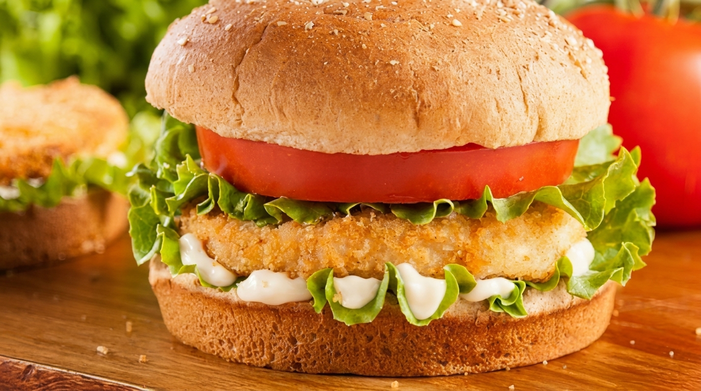 Crispy chicken sandwich with lettuce, tomato, and mayonnaise on a whole wheat bun.