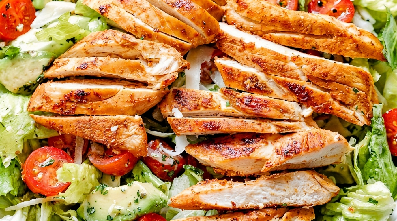 Close-up of a grilled chicken salad with sliced chicken, lettuce, cherry tomatoes, and avocado.