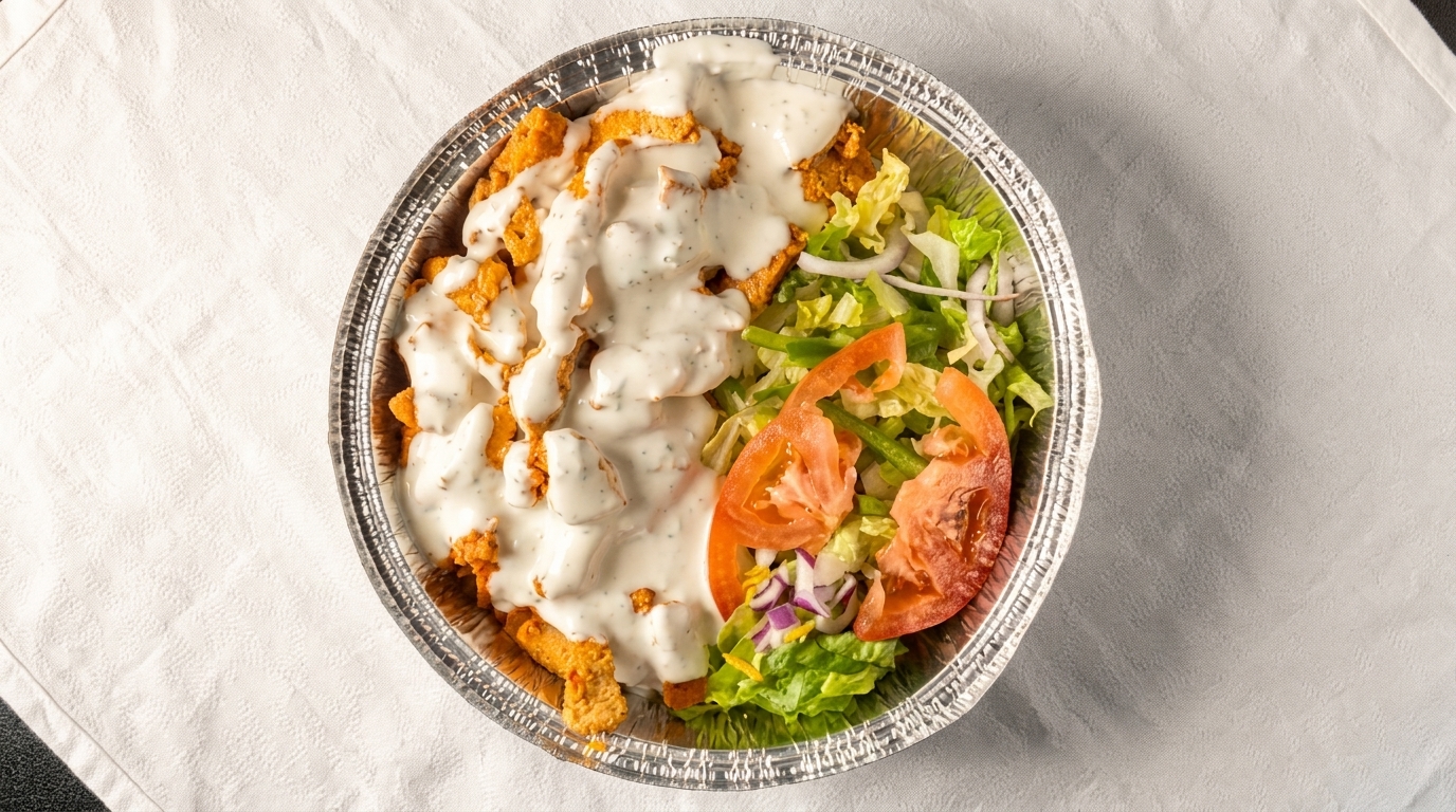 Chicken and rice platter with white sauce and a side salad in a foil container.