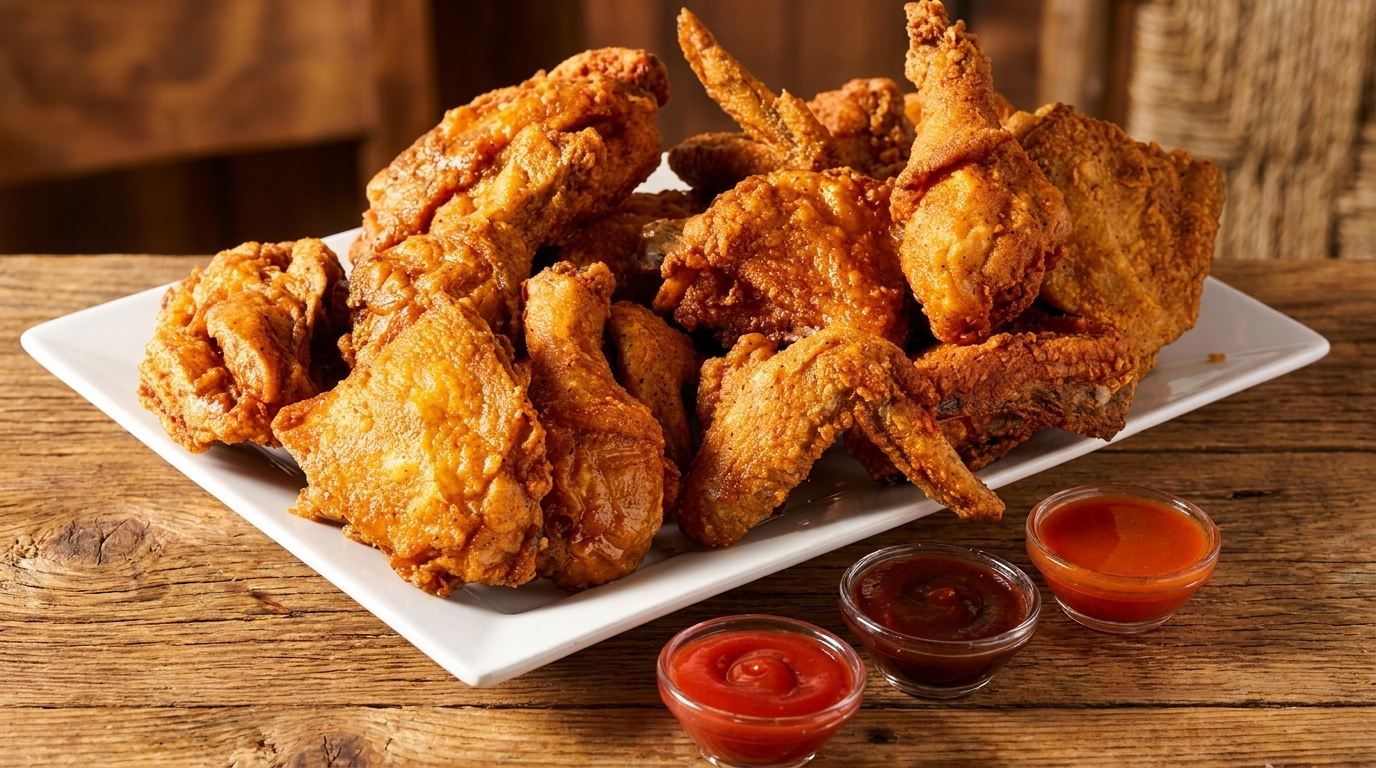 Crispy fried chicken pieces, including wings and drumsticks, on a white platter with dipping sauces.