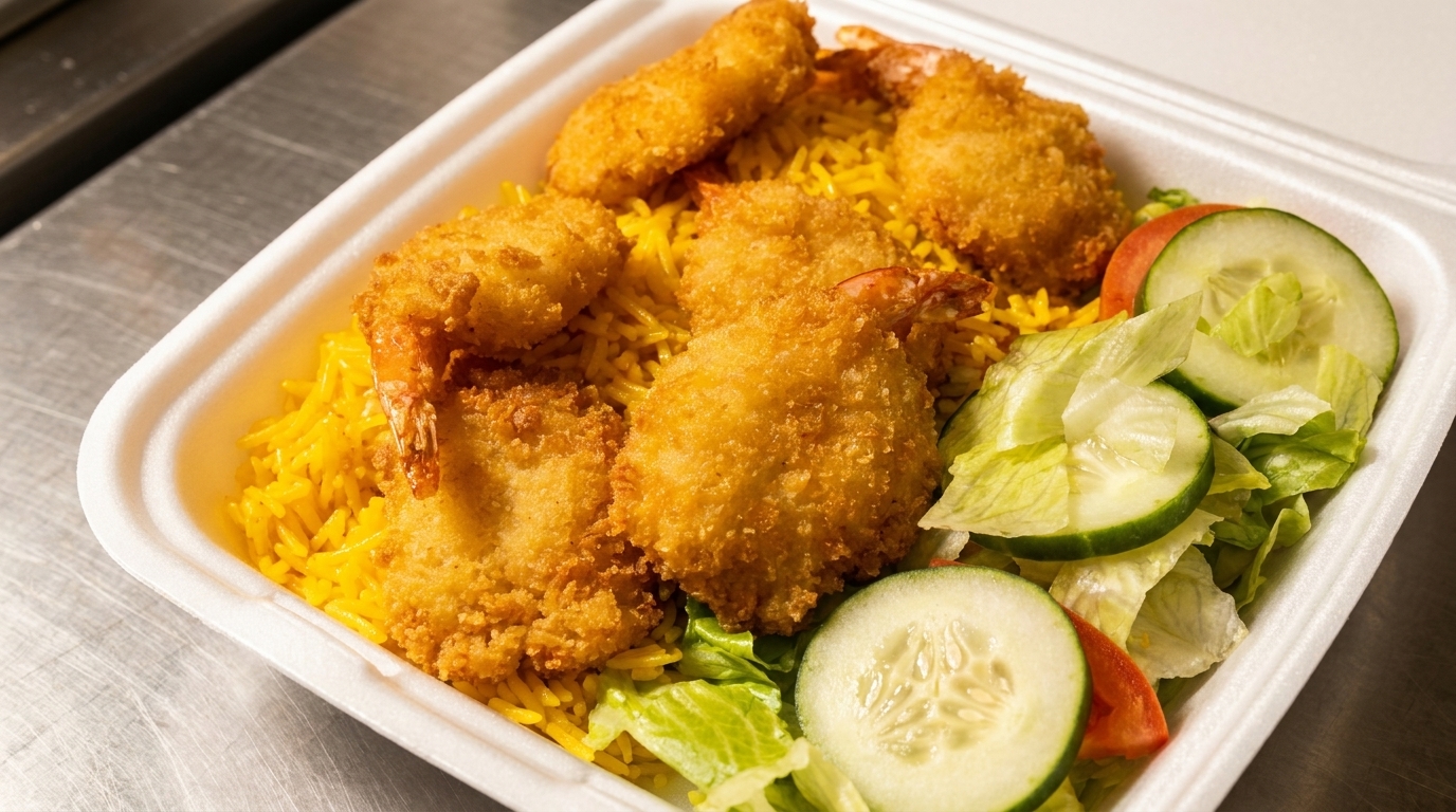 Fried shrimp and yellow rice with a side salad of lettuce, cucumber, and tomato in a takeout container.