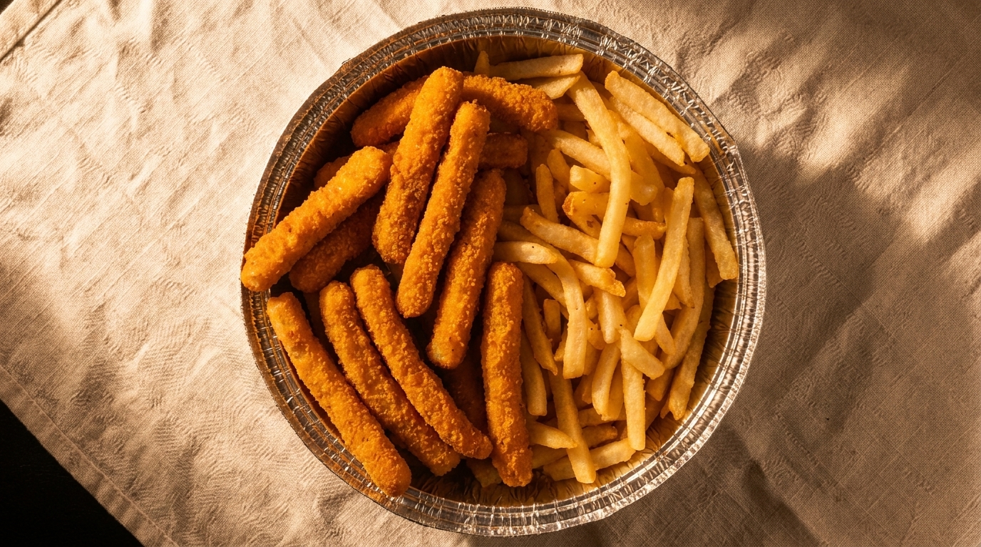 Golden-brown mozzarella sticks and crispy french fries in a silver foil container on a textured tablecloth.