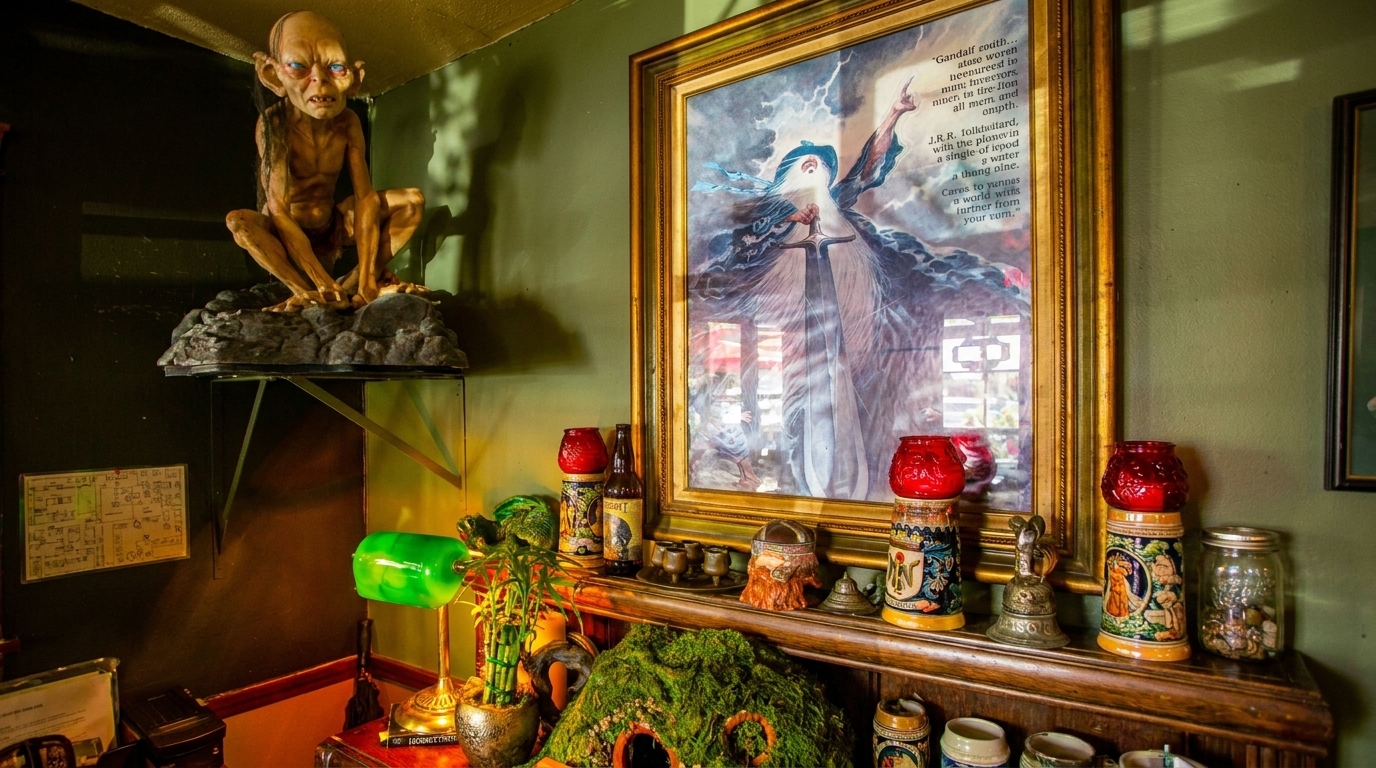 A Gollum statue and a framed Gandalf artwork adorn a shelf with various decorative items.