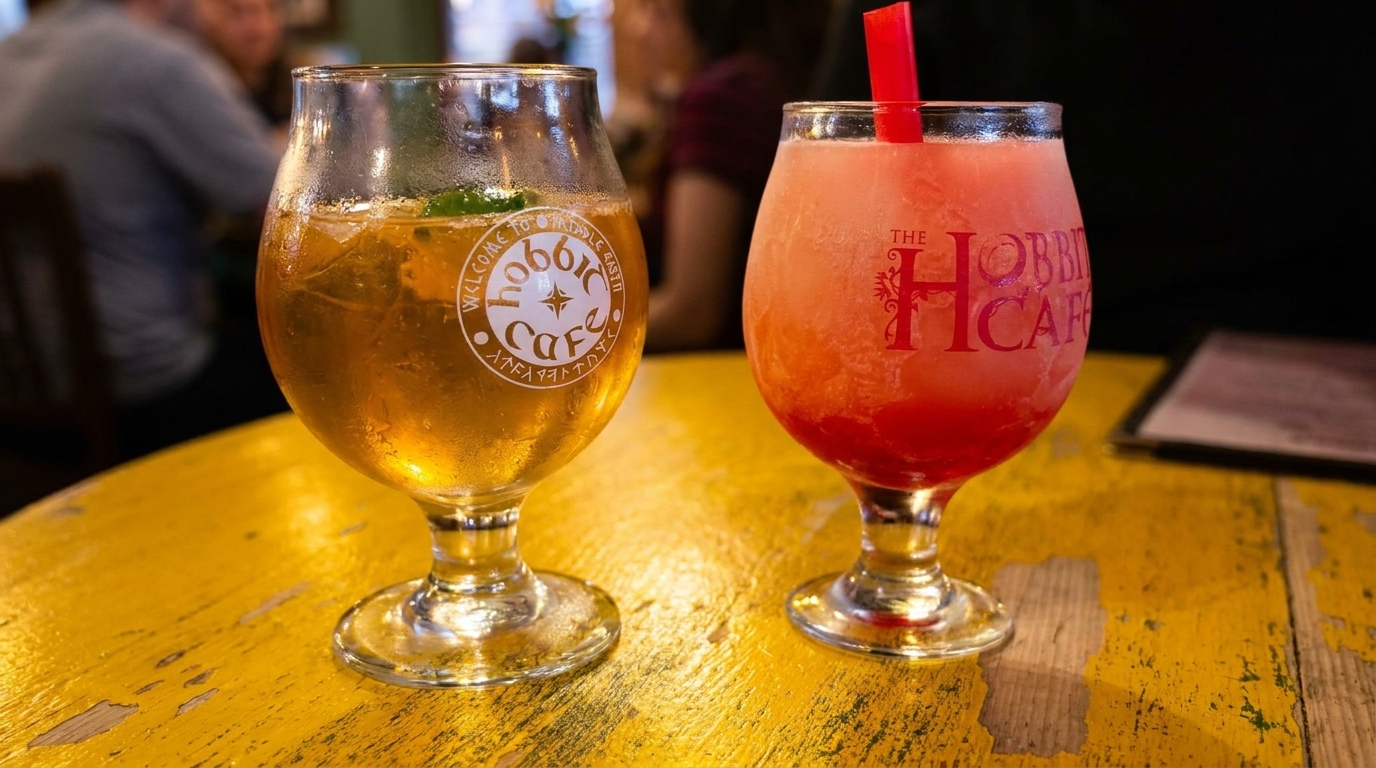 Two Hobbit Cafe branded drinks, one amber and one red, on a distressed yellow table.