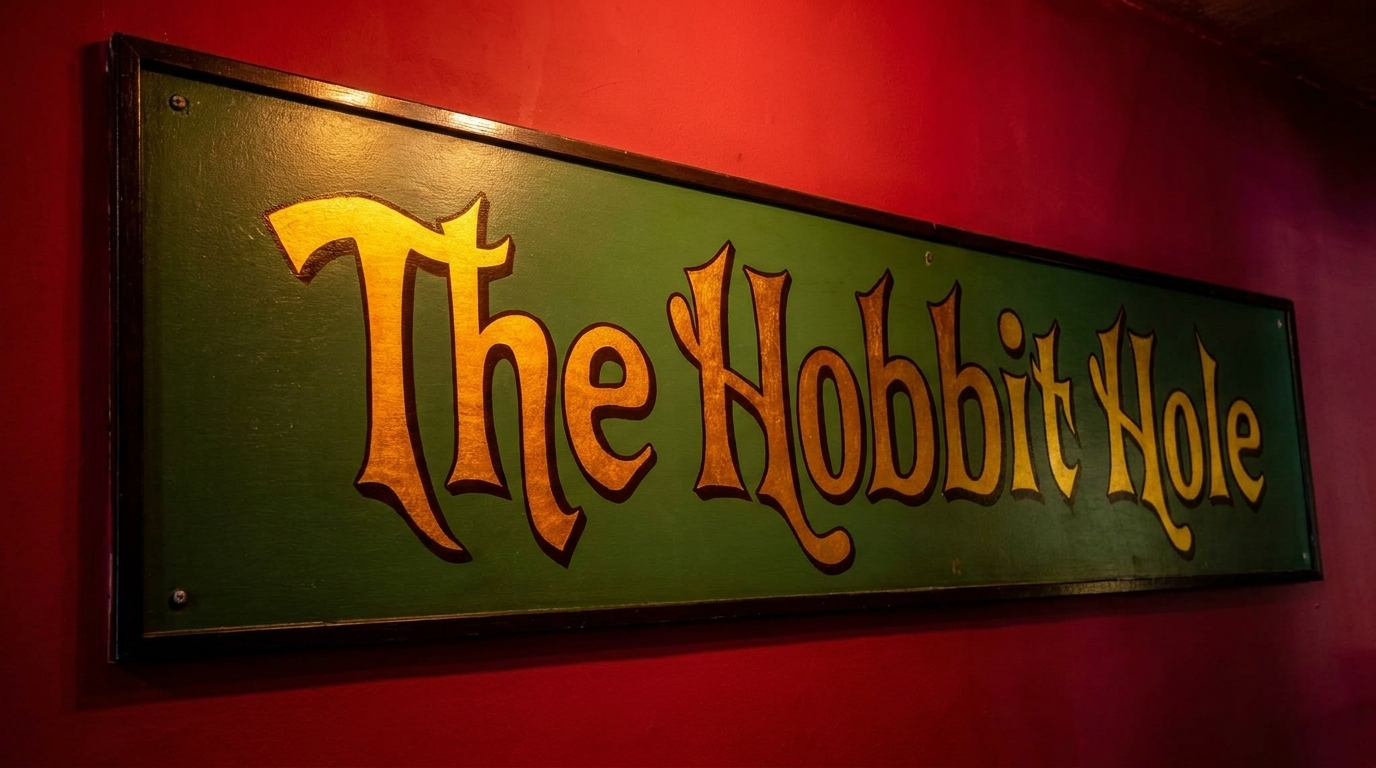 Green sign with gold lettering reading "The Hobbit Hole" mounted on a red wall.