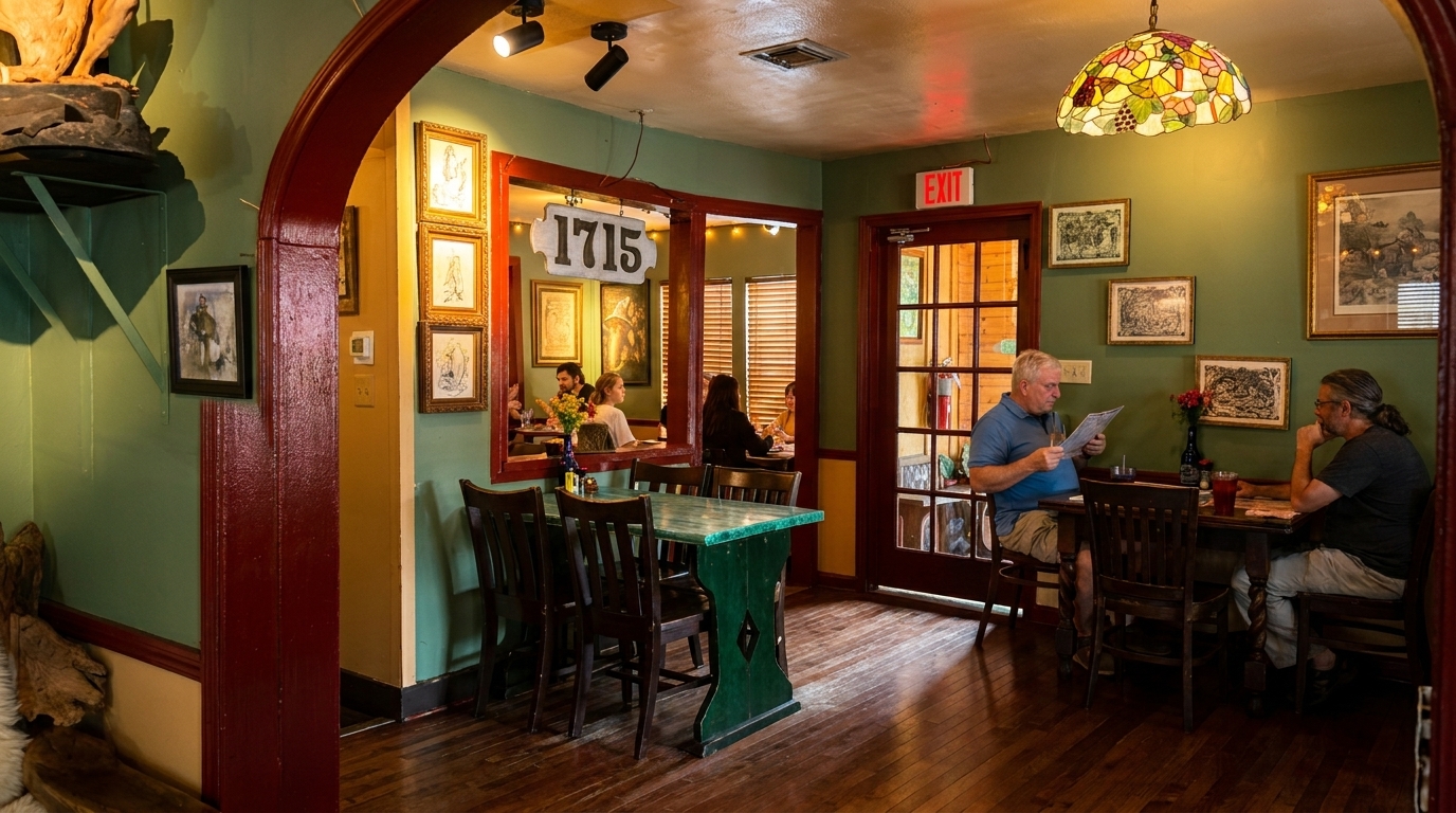 Restaurant interior with green walls, dark wood floors, and patrons dining at tables.