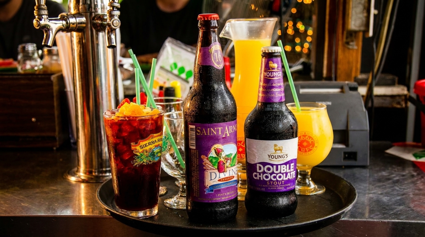 A tray with two beer bottles, a red cocktail, and a pitcher of orange juice.