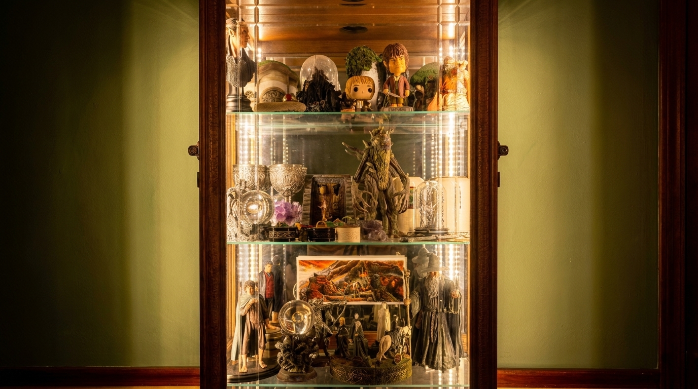 A brightly lit display cabinet filled with various fantasy-themed figurines and collectibles.