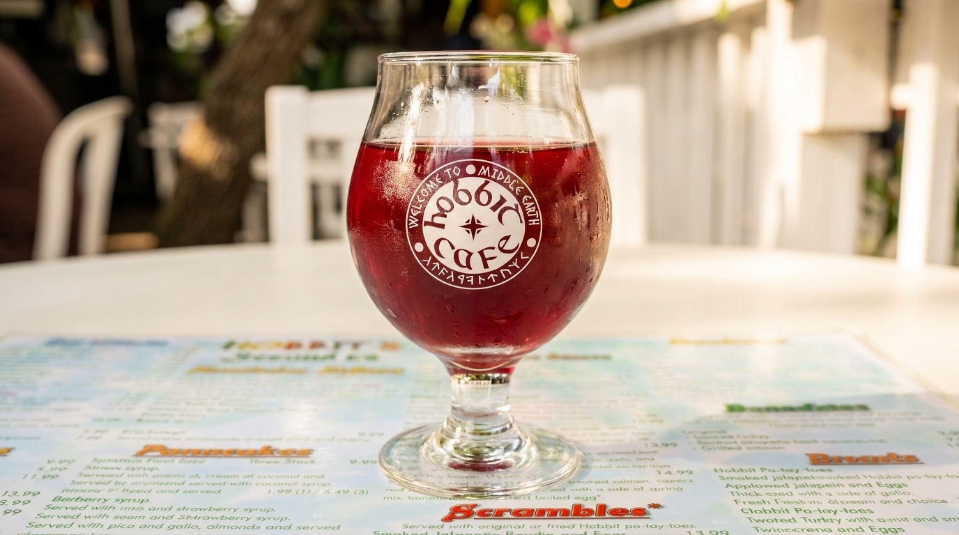 A glass of red liquid with "Welcome to Middle Earth Hobbit Cafe" logo sits on a menu.