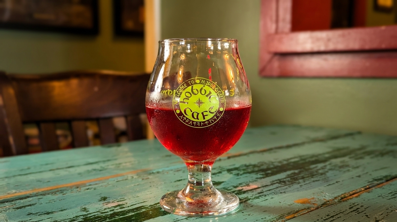A glass of red liquid with "Hobbit Cafe" logo sits on a distressed teal wooden table.