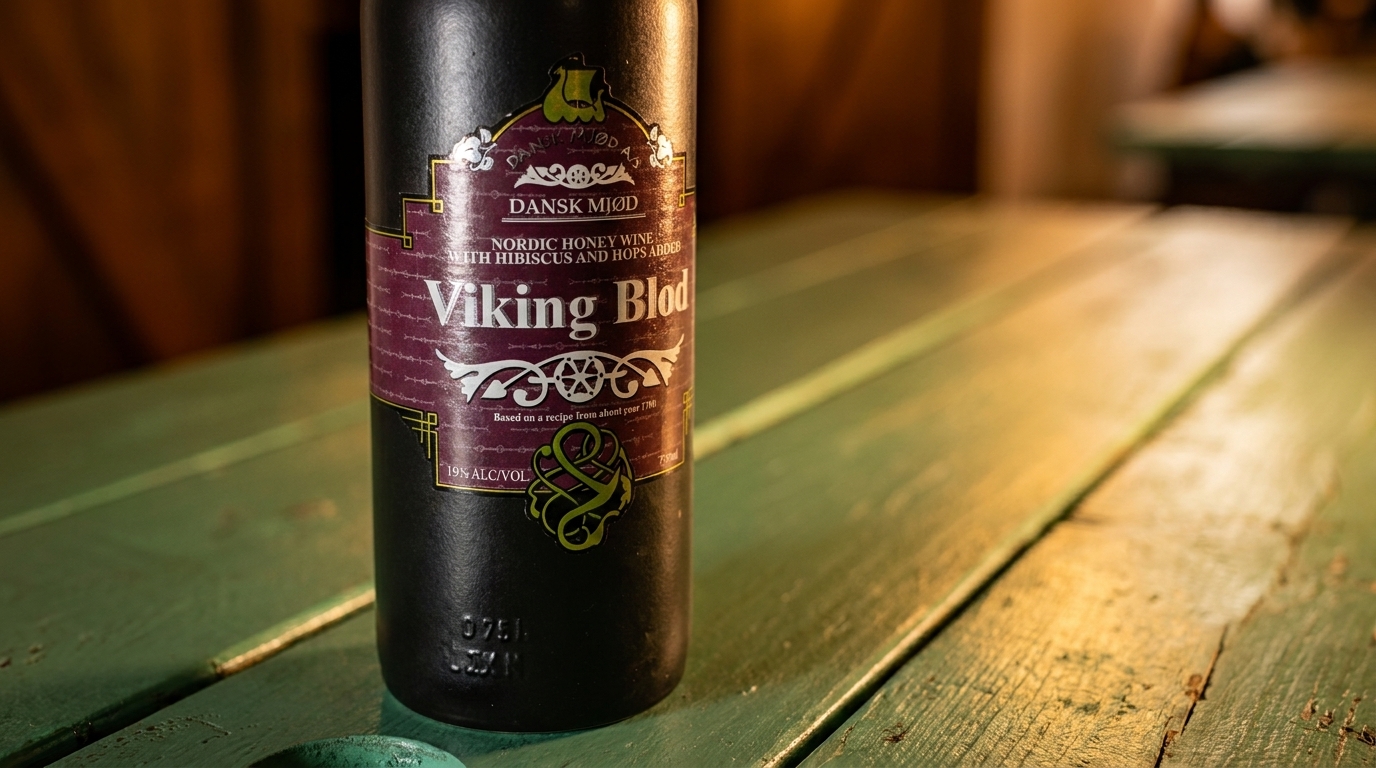 A bottle of Dansk Mjød Viking Blod Nordic Honey Wine with a purple label sits on a green wooden table.