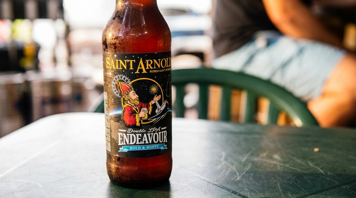 Sweaty Saint Arnold Endeavour Double IPA bottle on a green outdoor table with a person in background.