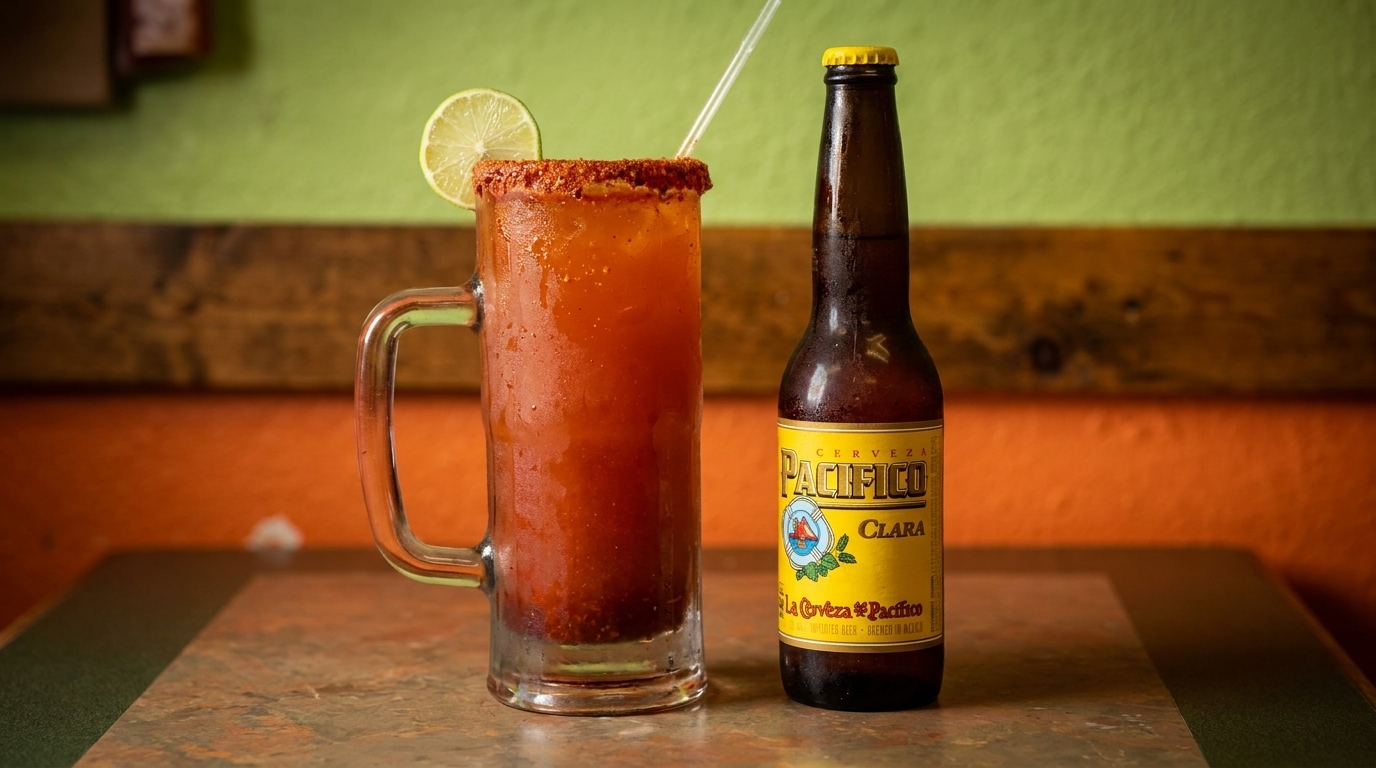A michelada in a mug with a lime and a bottle of Pacifico beer on a table.