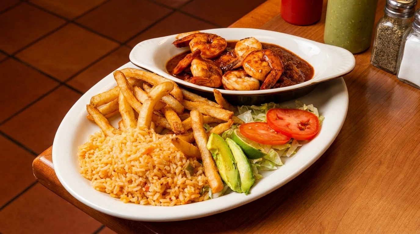 Shrimp in red sauce with rice, french fries, lettuce, tomato, and avocado on a white plate.