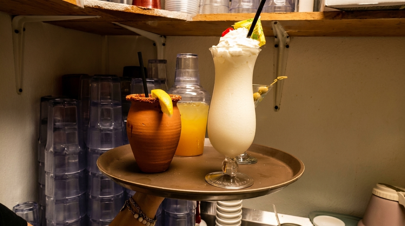A server carries a tray with a michelada, a pina colada, and a shaker of orange juice.