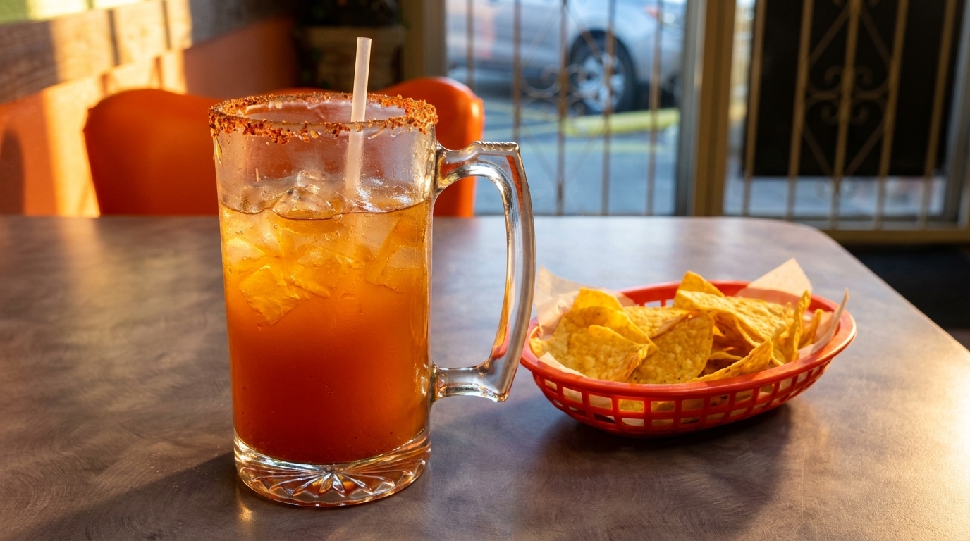 A michelada with a chili-salted rim and a basket of tortilla chips on a table.