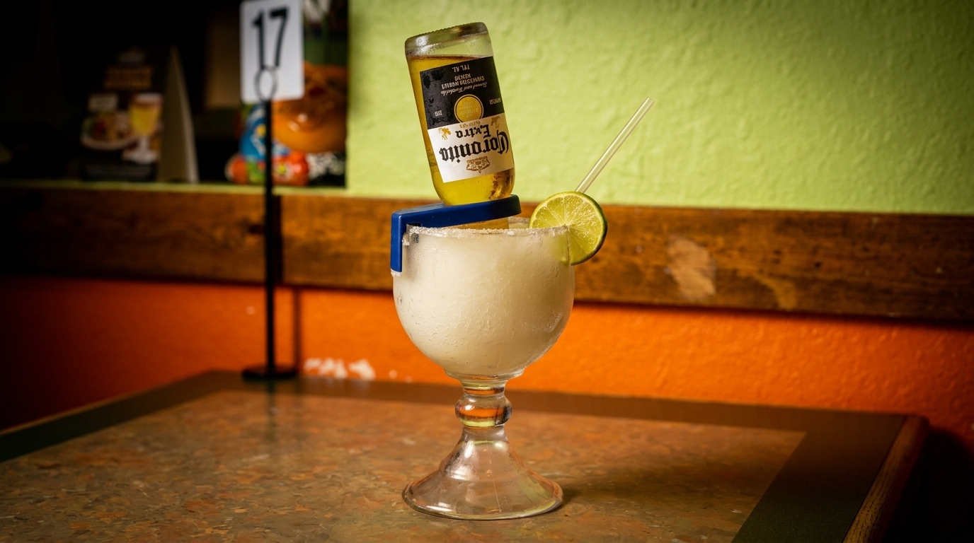Frozen margarita with a Corona beer bottle inverted into it, garnished with a lime slice.