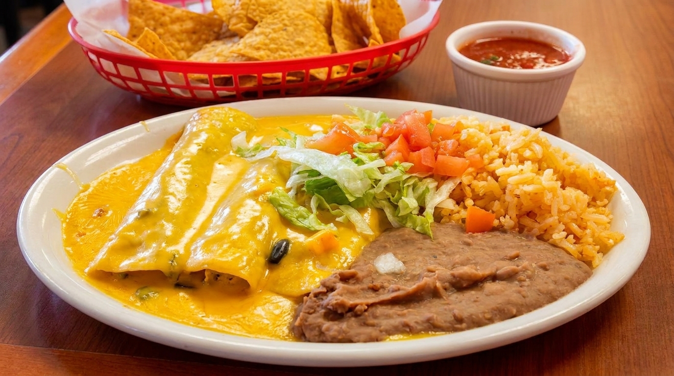 Cheese enchiladas with rice, refried beans, lettuce, tomatoes, and a side of chips and salsa.