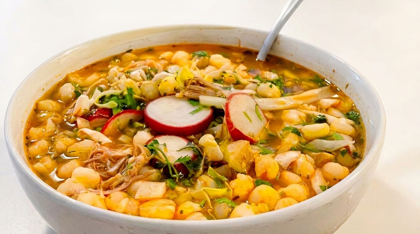 A white bowl filled with a hearty pozole soup, garnished with radishes and herbs.
