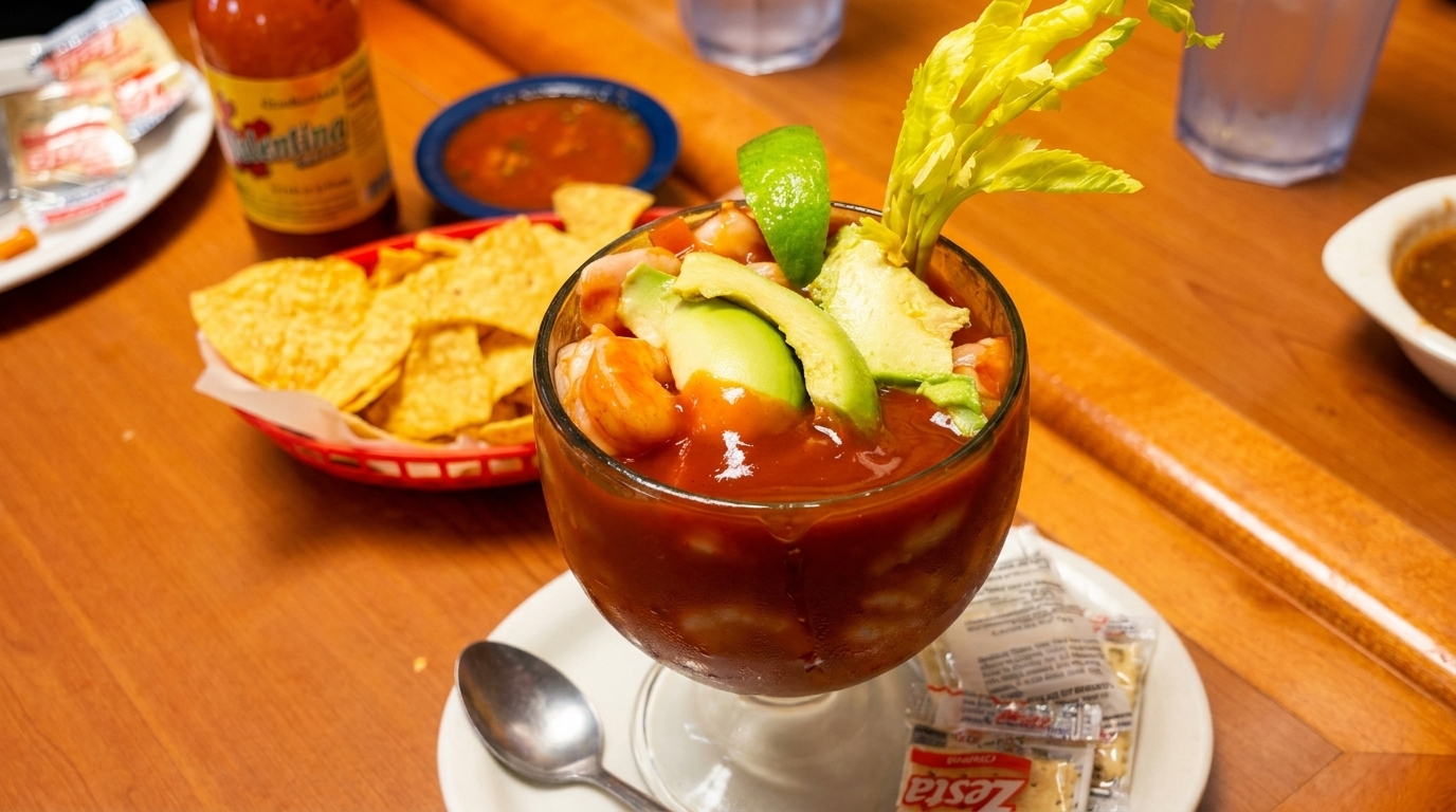Shrimp cocktail with avocado, lime, and celery, served with tortilla chips and hot sauce.