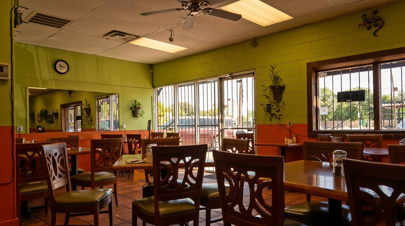 Empty restaurant dining room with green and orange walls, wooden tables, and chairs, with sunlight streaming through windows.