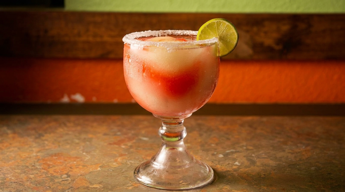 A frosty strawberry margarita with a salted rim and lime wedge on a textured table.