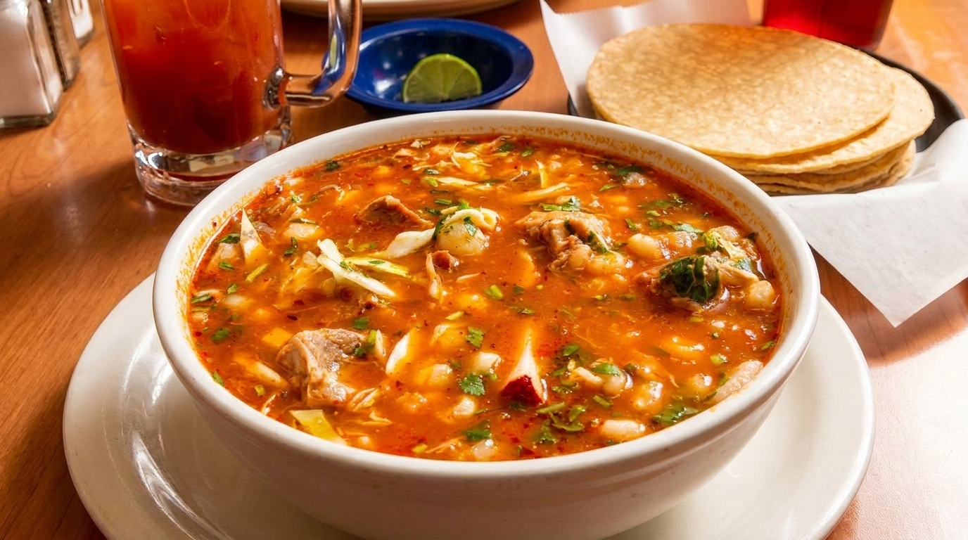 Hearty bowl of red pozole with meat, hominy, and cilantro, served with tortillas and a drink.