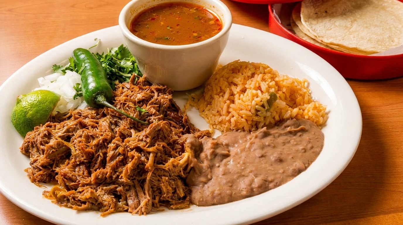 Shredded beef barbacoa plate with rice, refried beans, soup, lime, onion, cilantro, and a serrano pepper.