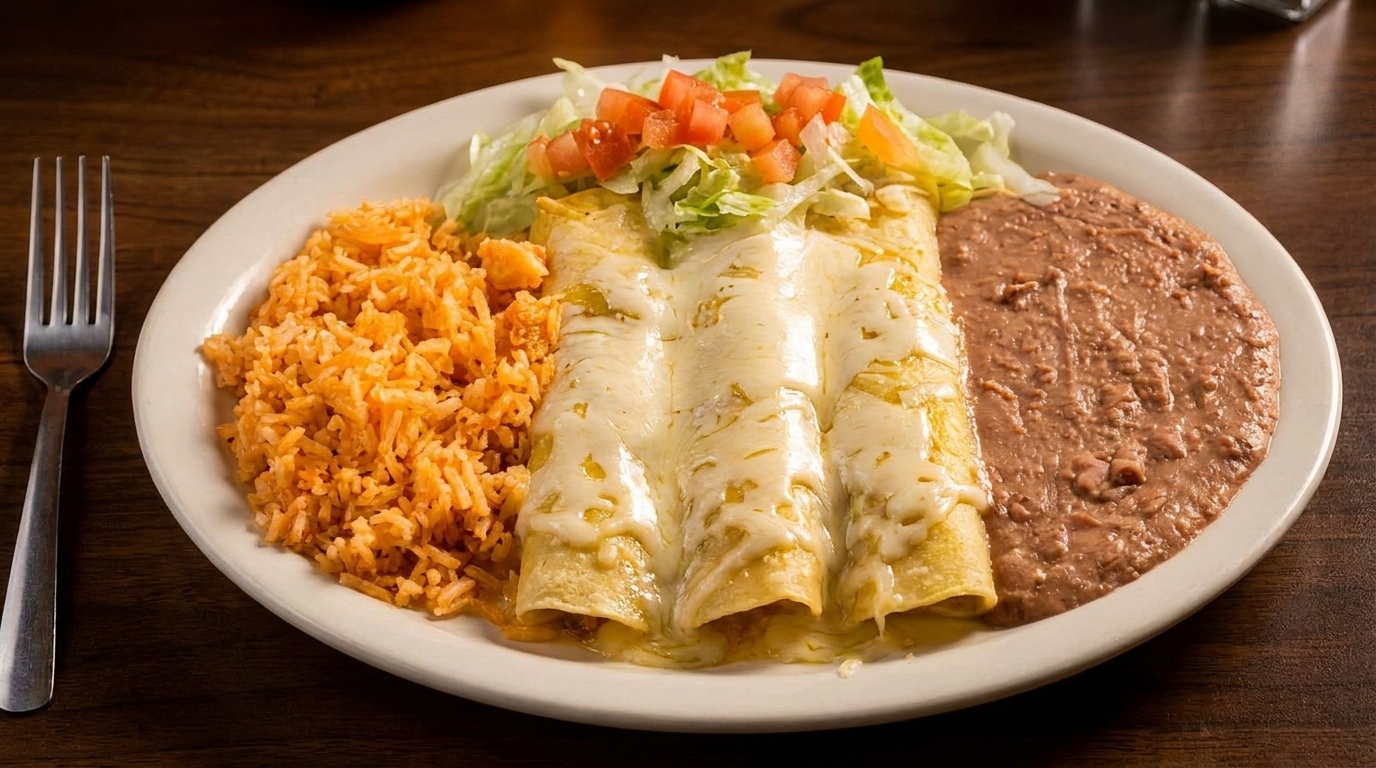 Three cheesy enchiladas topped with lettuce and tomatoes, served with rice and refried beans.