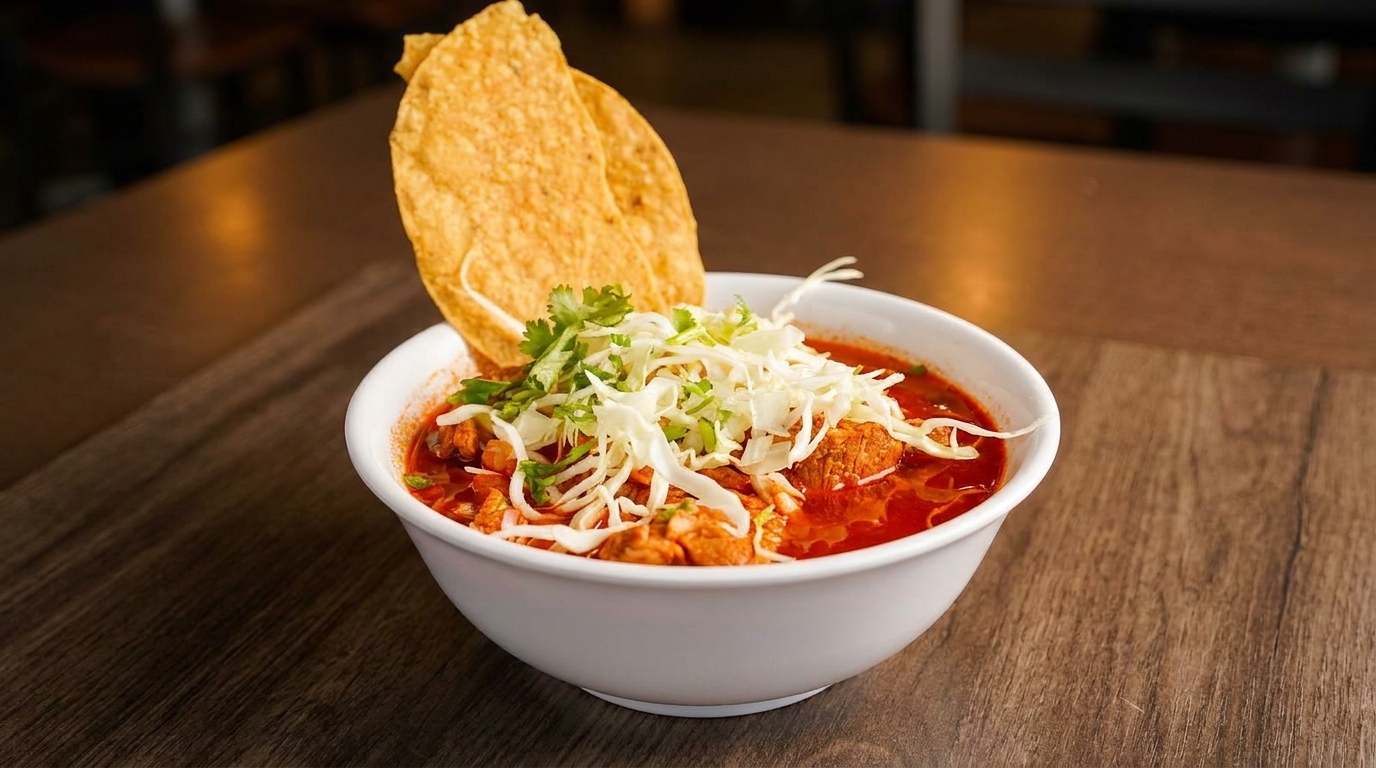 A white bowl of red pozole soup, topped with shredded cabbage and cilantro, with two tostadas.
