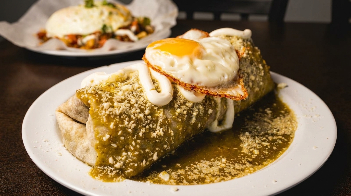 A breakfast burrito covered in green chili sauce, cheese, crema, and a fried egg.