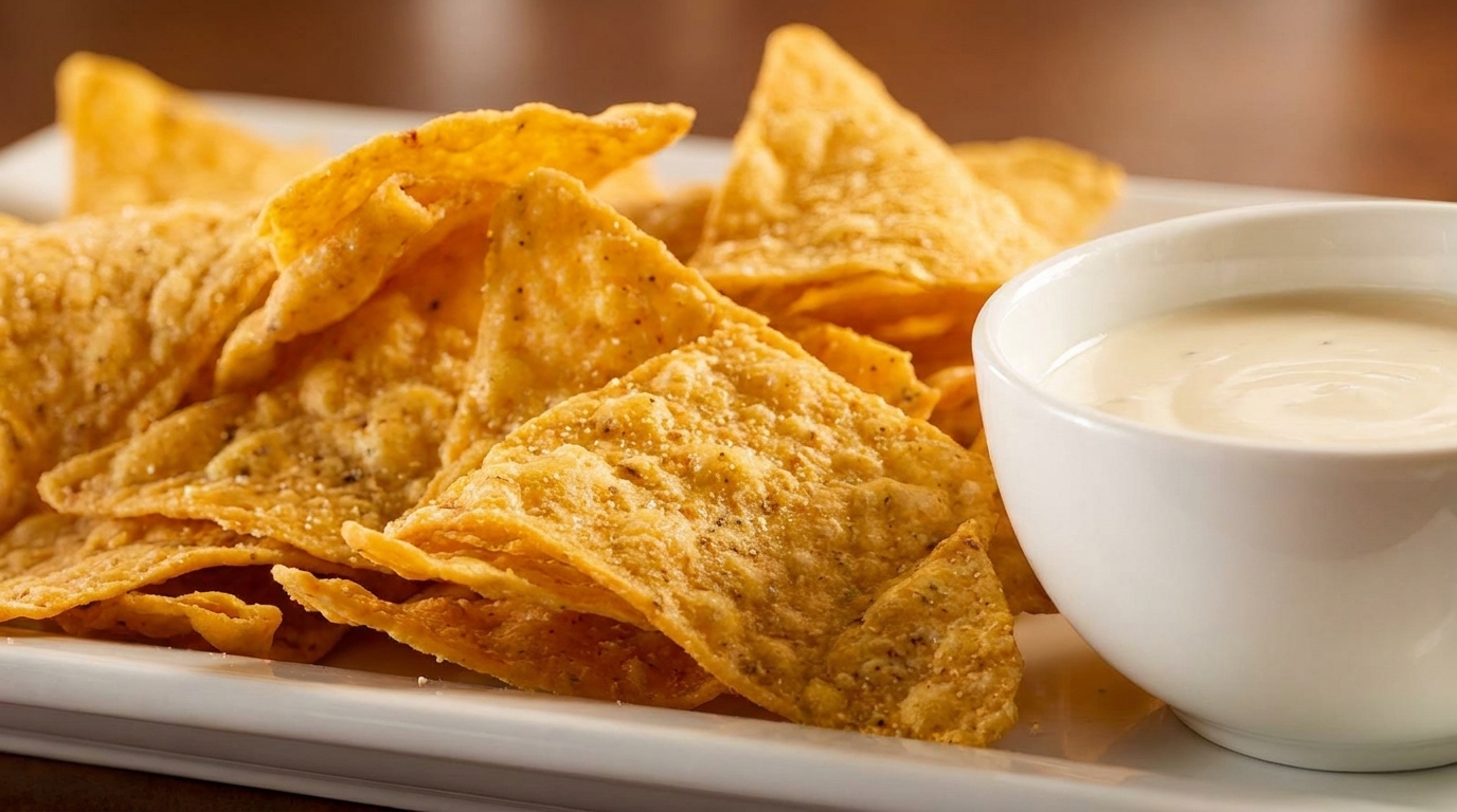 Crispy tortilla chips seasoned with spices, served with a side of creamy white cheese dip.
