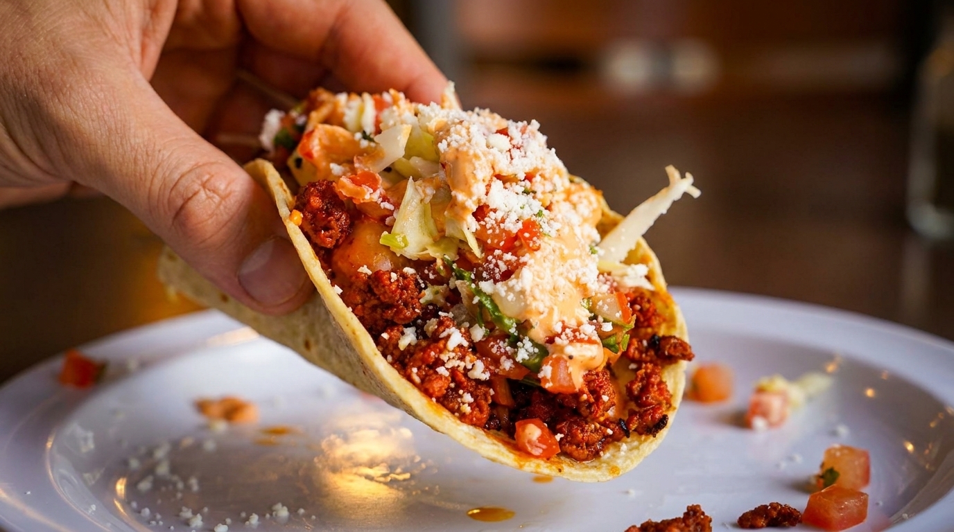 A hand holds a taco filled with chorizo, lettuce, cheese, and sauce over a white plate.