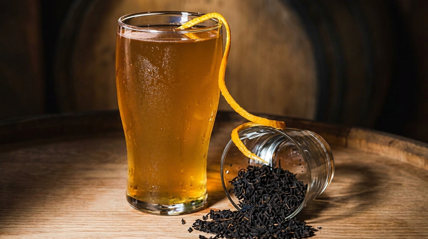 A tall glass of amber liquid with an orange peel garnish, next to a spilled glass of loose leaf tea.