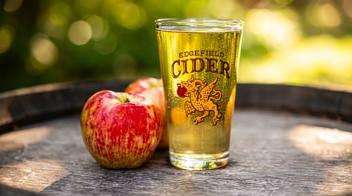 A glass of Edgefield Cider and two red apples rest on a wooden barrel outdoors.