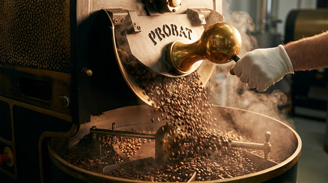 Coffee beans pouring from a "PROBAT" roaster into a cooling tray, with a gloved hand operating it.