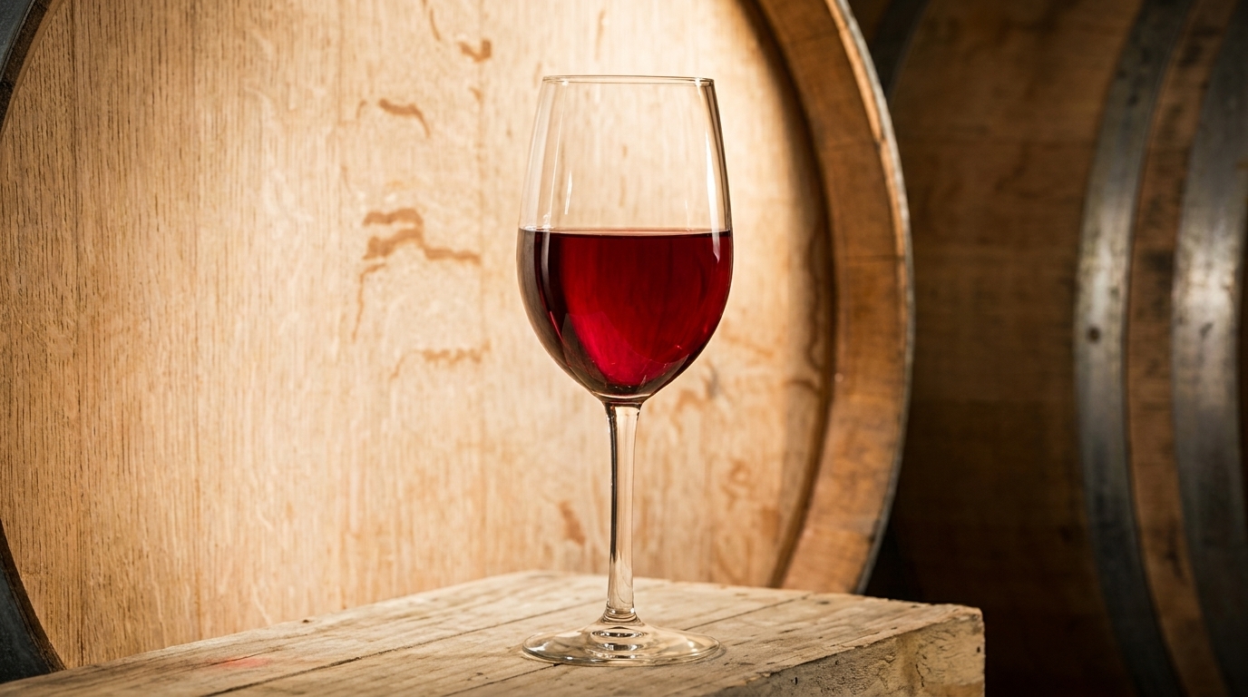A glass of red wine sits on a wooden surface in front of large wine barrels.