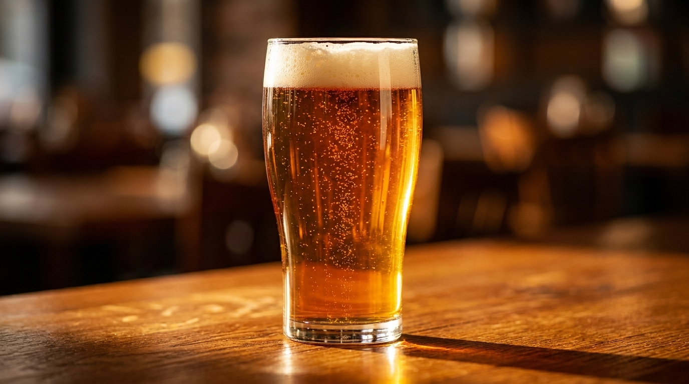 A glass of golden beer with a foamy head sits on a wooden table in a dimly lit bar.
