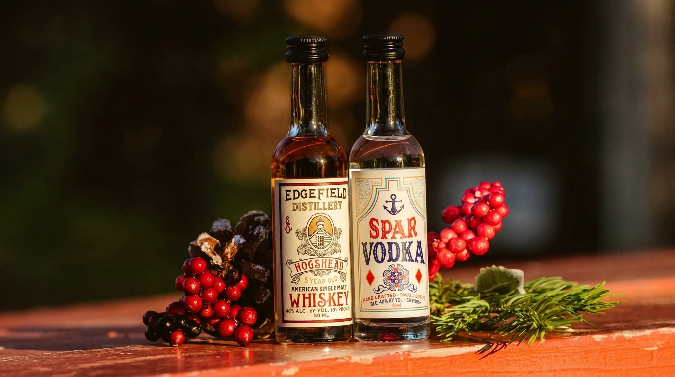 Two miniature liquor bottles, whiskey and vodka, with red berries and pine cones on a wooden surface.