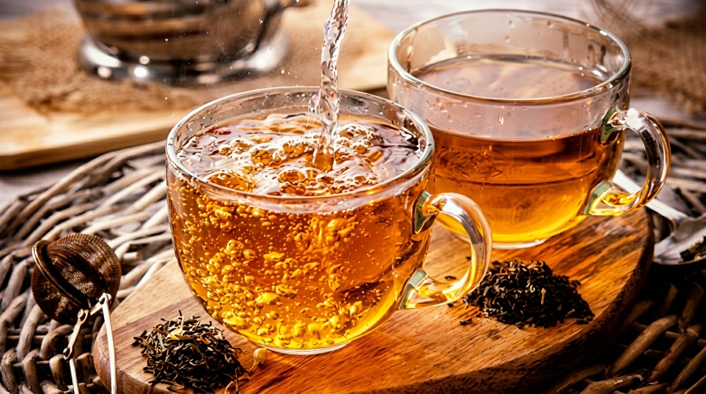 Hot water pours into a glass mug of amber tea, with another mug and loose tea nearby.