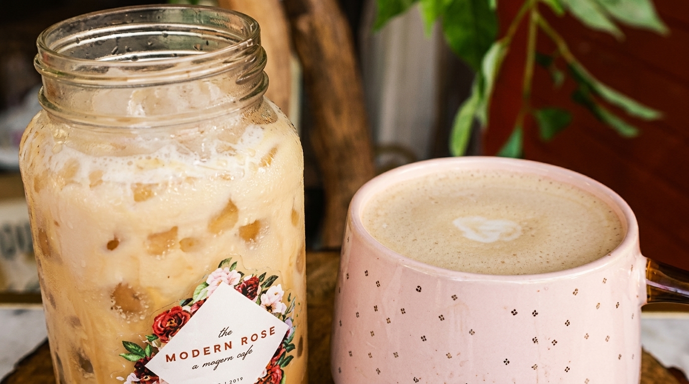 Iced coffee in a mason jar with "The Modern Rose" label next to a pink latte mug.