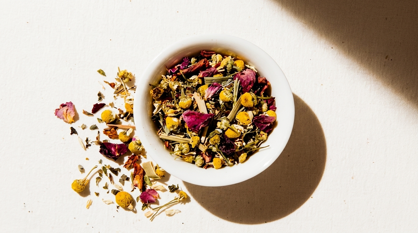Overhead view of a white bowl filled with dried chamomile, rose petals, and lemongrass.