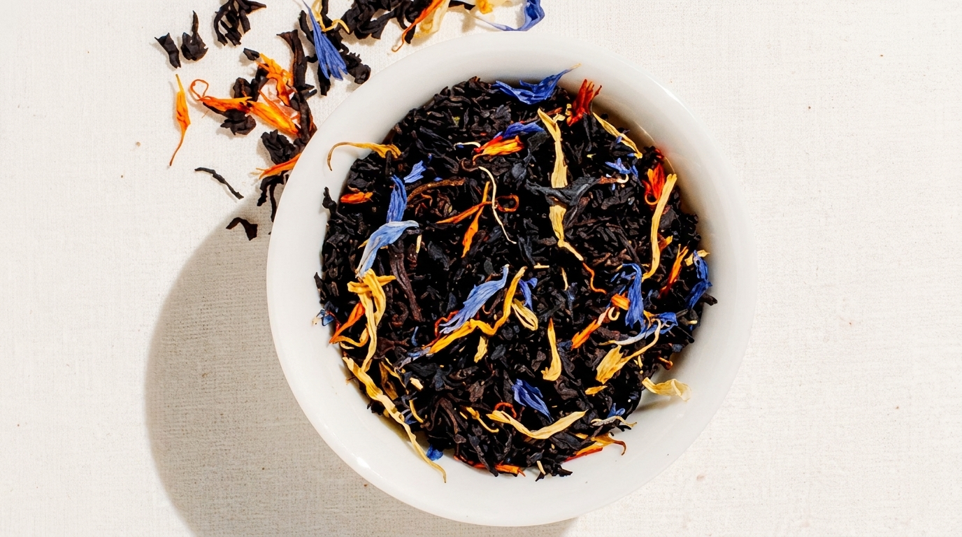 A white bowl filled with dark loose leaf tea, vibrant blue cornflower petals, and orange marigold petals.