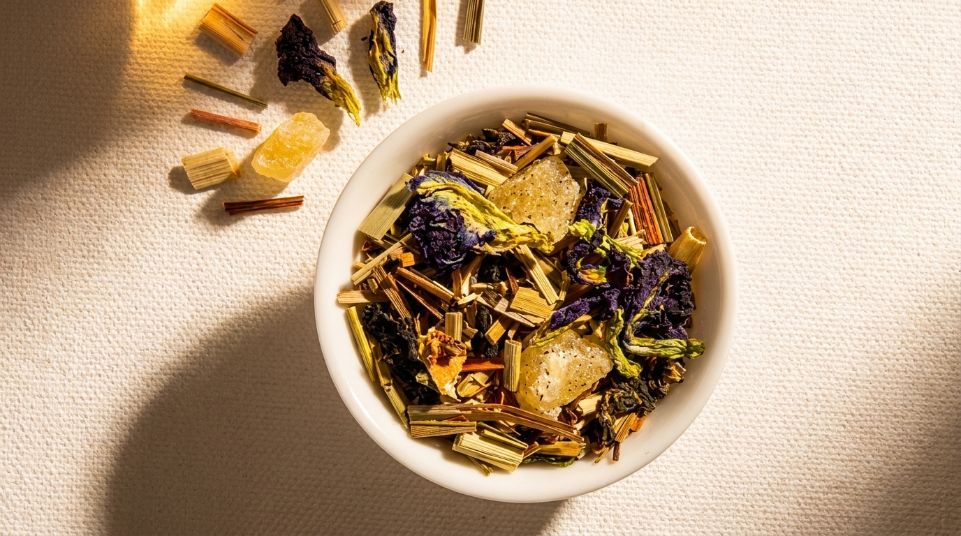 Overhead view of a white bowl filled with dried butterfly pea flowers, lemongrass, and rock sugar.