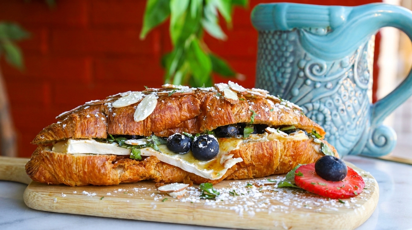 Sweet croissant sandwich with brie, blueberries, almonds, and powdered sugar, served with a strawberry.
