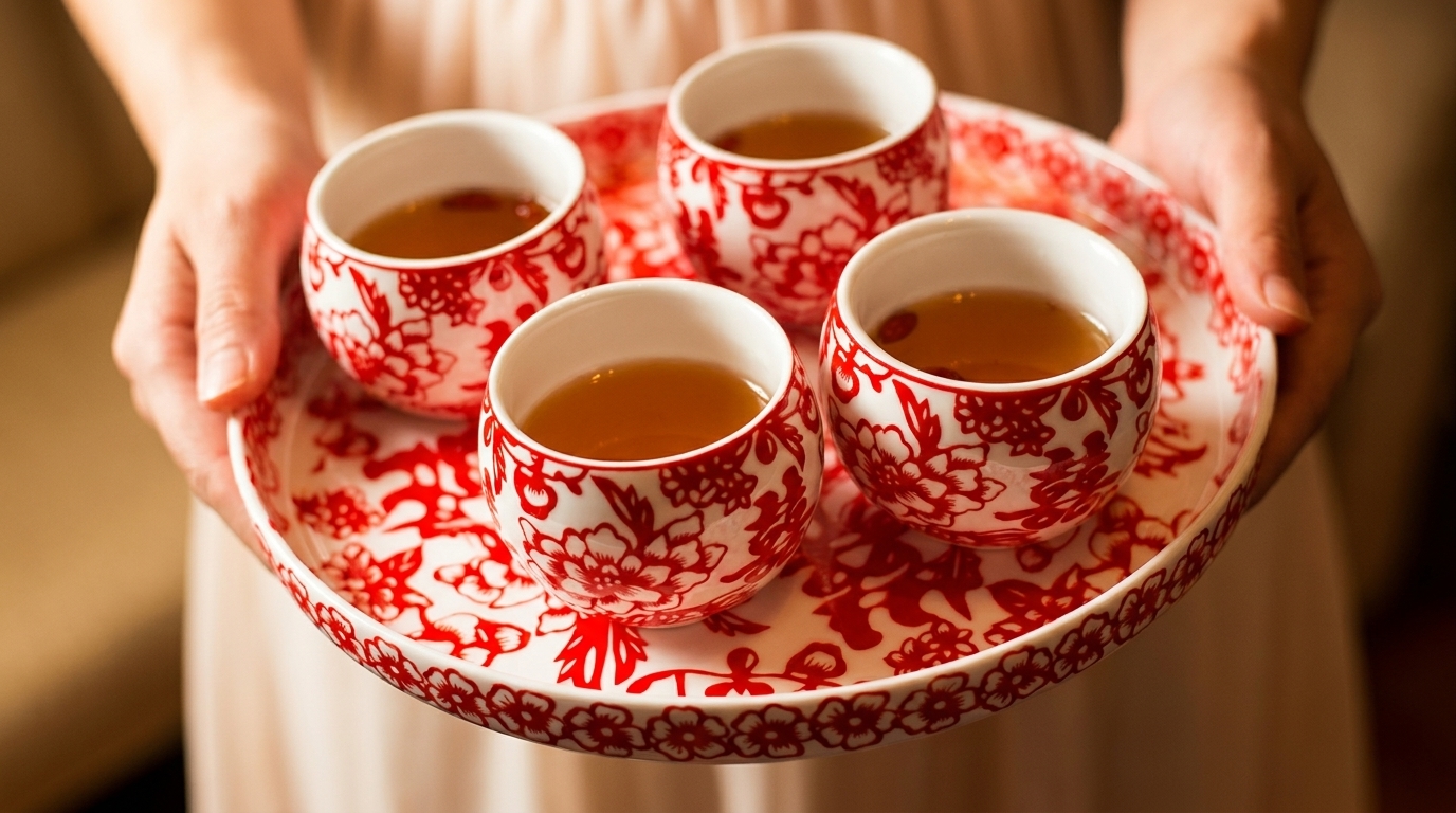 Hands holding a white and red patterned tray with four small cups of tea.