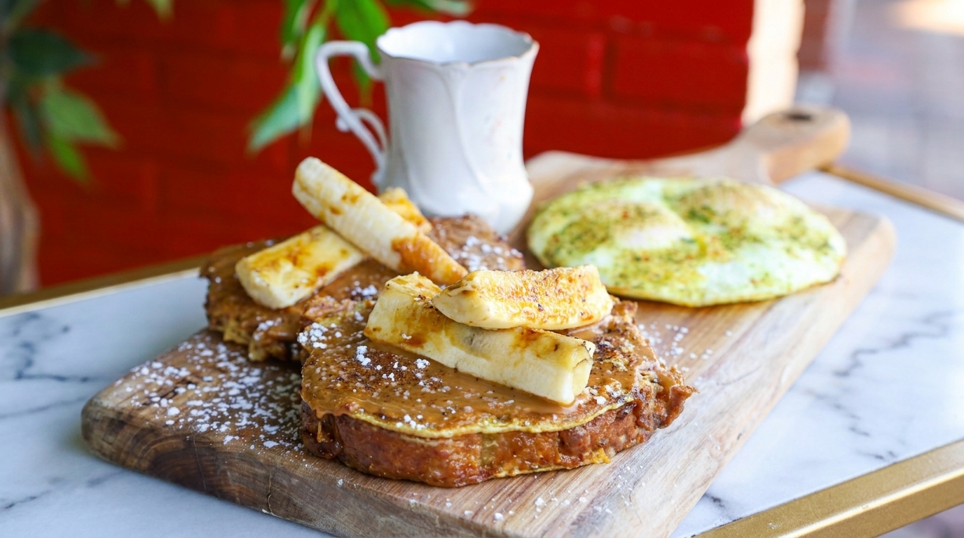 French toast with bananas and powdered sugar, eggs, and a white mug on a wooden board.