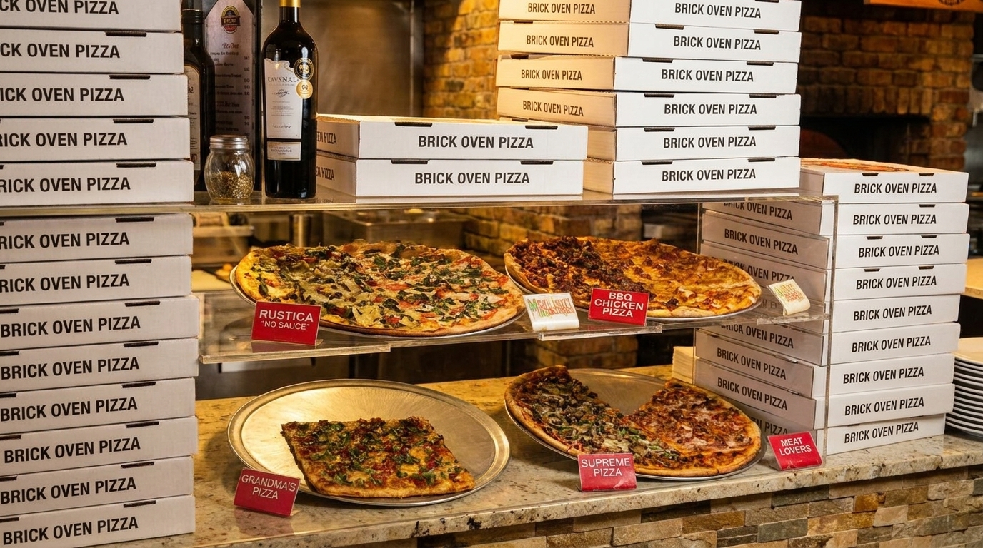 Display case with various pizzas, including Rustica, BBQ Chicken, Grandma's, Supreme, and Meat Lovers.