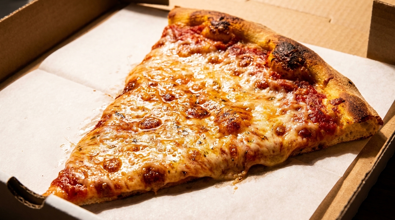 A single slice of cheese pizza with melted cheese and tomato sauce in a cardboard box.